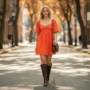 Future Collective Puff Sleeve Mini Babydoll Dress in Orange Size Large